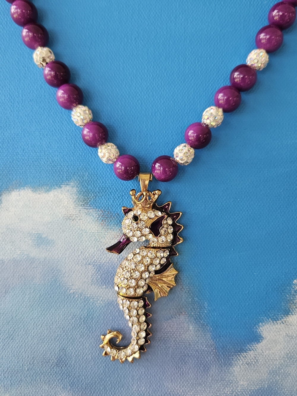 Purple Beaded Necklace with Crystal Seahorse Pendant